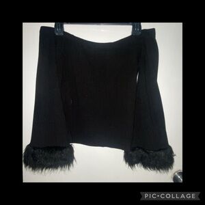 Black Off-Shoulder Top with Fur Cuffs